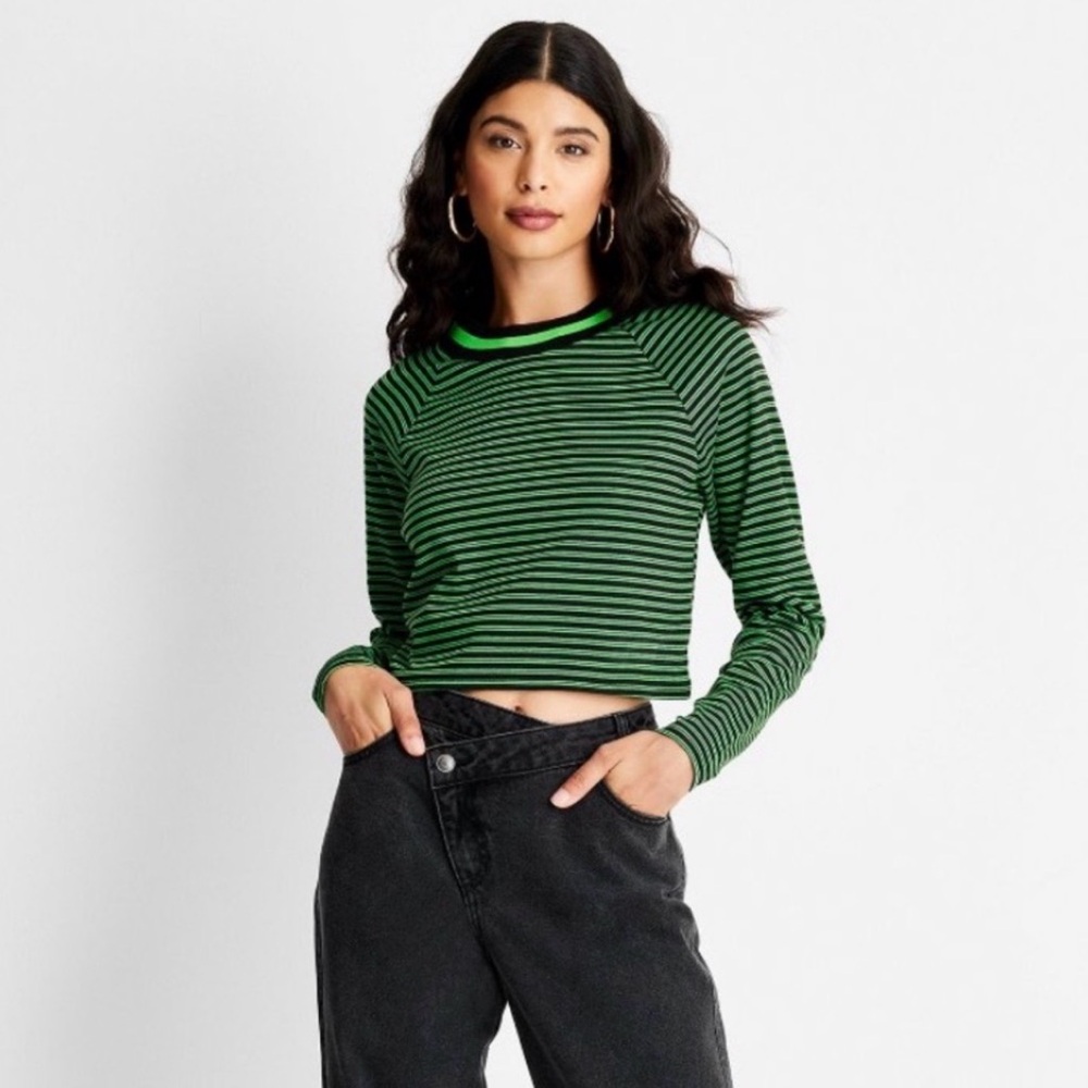 Future Collective Green Striped Women's Top Size XXS
